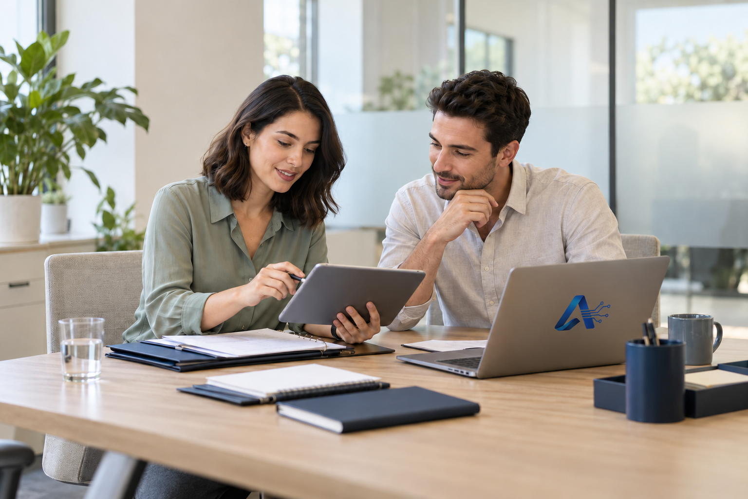 HR professionals reviewing employee records together in a contemporary office