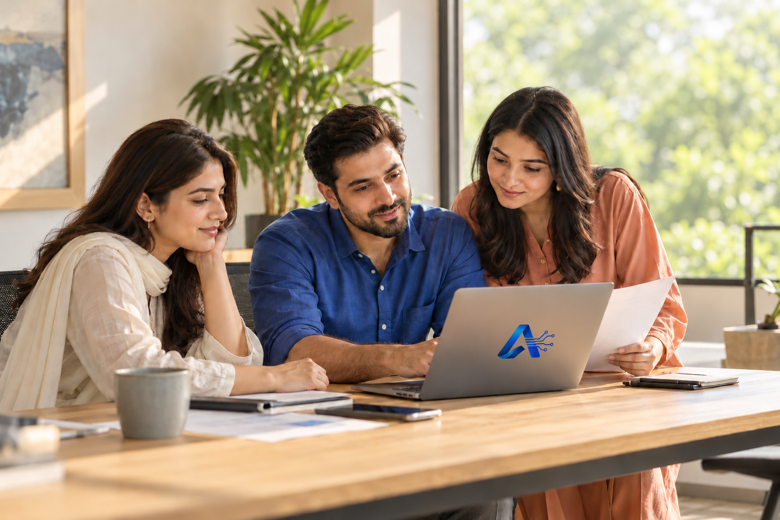 HR professionals collaborating around a laptop in a bright office